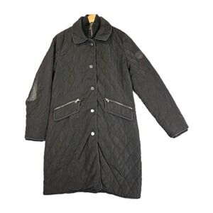 Lauren Ralph Lauren Quilted Black Long Coat Jacket XS Faux Leather Elbow Pads‎